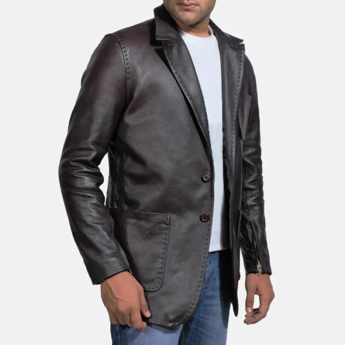Men'S Wine Black Leather Blazer Side