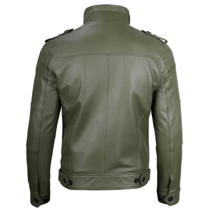Military Men'S Green Lambskin Leather Biker Jacket Back