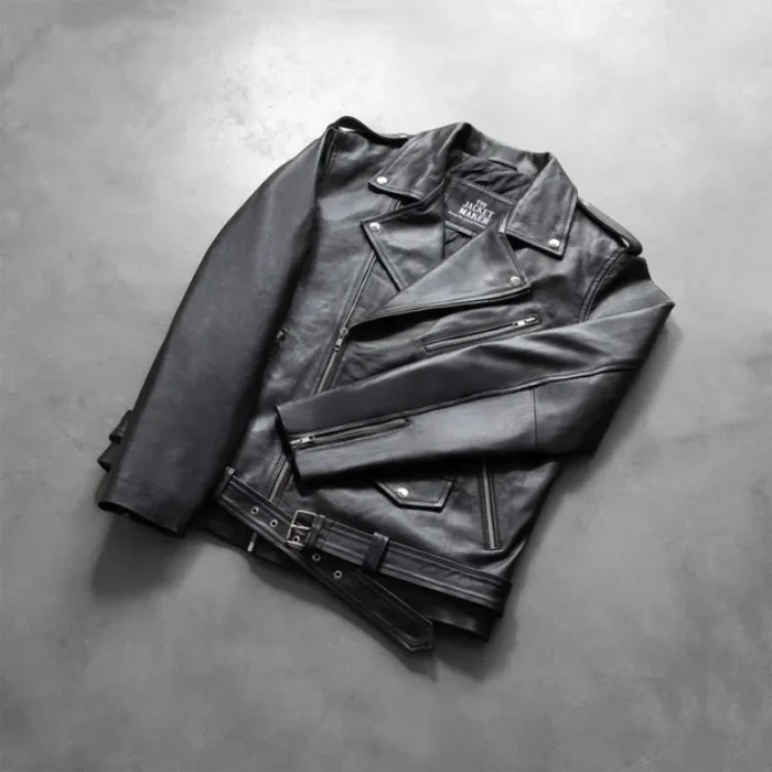 Black Leather Biker Jacket For Men Close