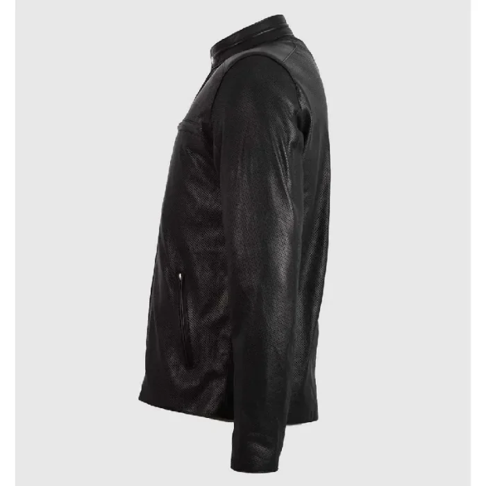Men'S Black Summer Zip Up Biker Leather Jacket Side