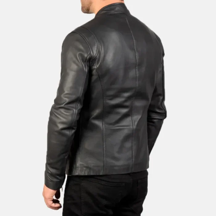 Men'S Black Leather Biker Zip-Up Jacket Back