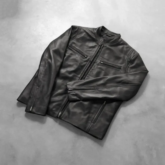 Men'S Black Leather Biker Zip-Up Jacket View