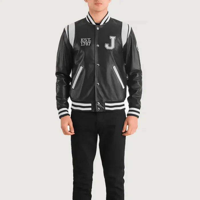 Black New Jersey Varsity Leather Jacket Front