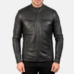 Men's Black Leather Biker Zip-Up Jacket Front