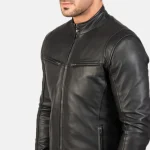 Men's Black Leather Biker Zip-Up Jacket Close Up