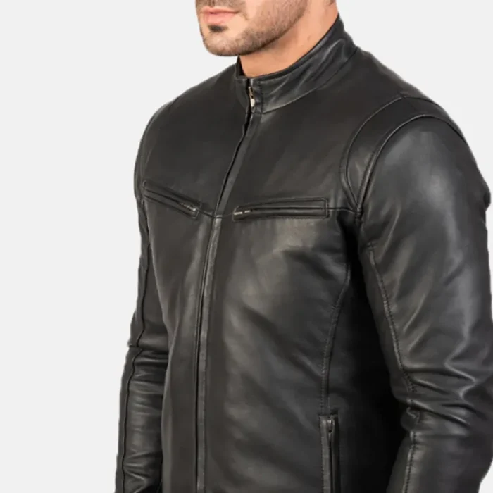 Men'S Black Leather Biker Zip-Up Jacket Close Up