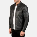Men's Black Leather Biker Zip-Up Jacket Side