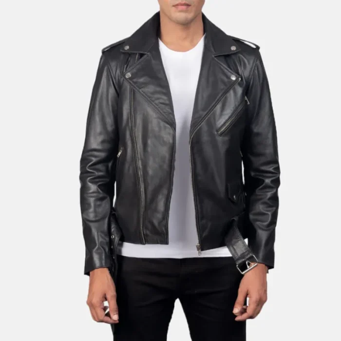 Men'S Black Real Leather Biker Jacket With Belt