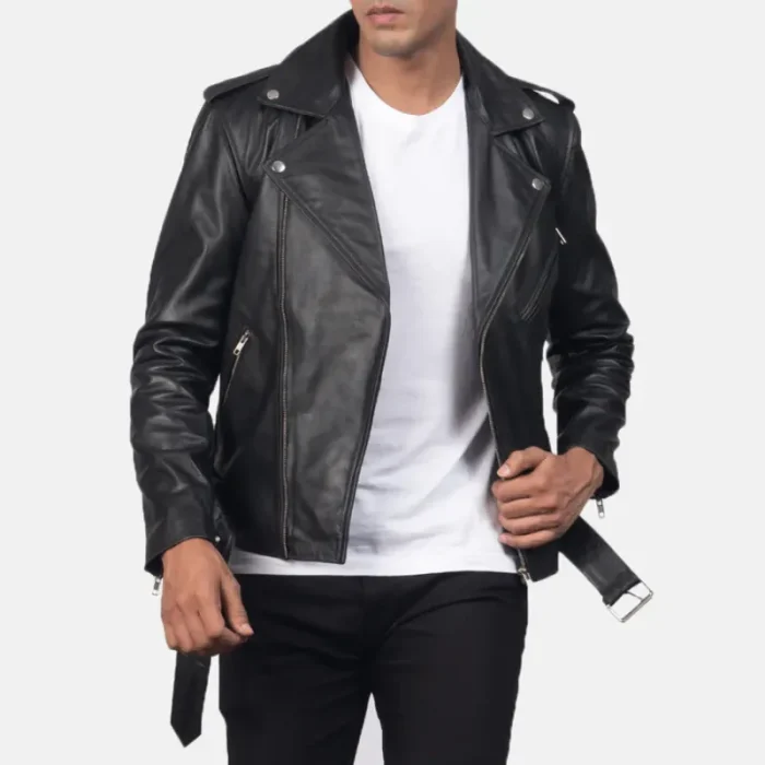 Black Leather Biker Jacket For Men Side