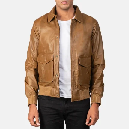 Men's Olive Brown Leather Bomber Jacket