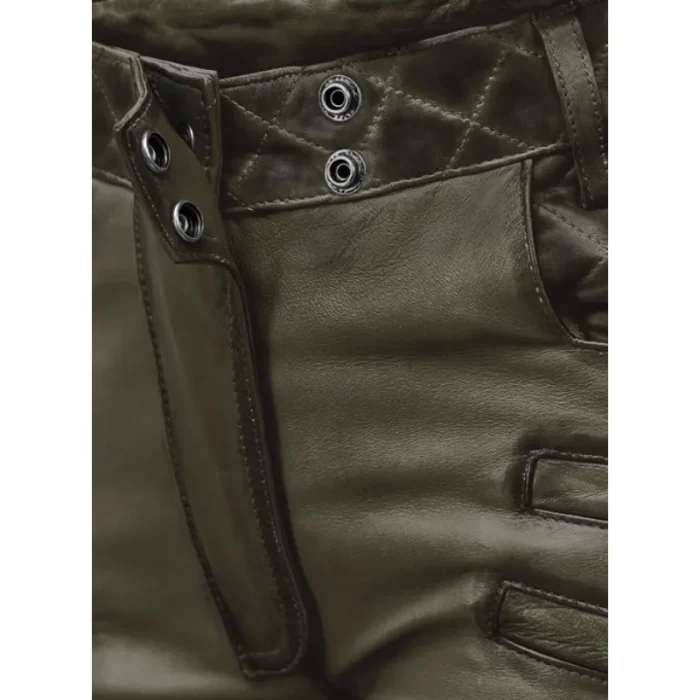 Olive Carrier Burnt Leather Pants Front Button-Up View