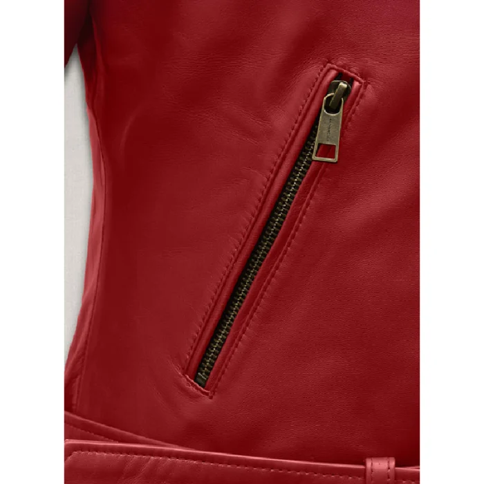 Red Emilia Clarke Last Christmas Nappa Leather Jacket Close -Up
