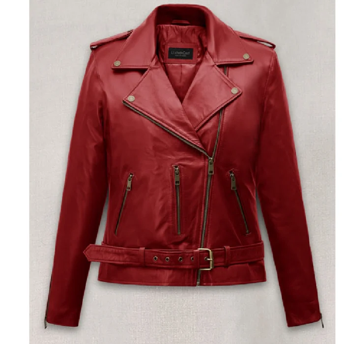 Red Emilia Clarke Last Christmas Nappa Leather Jacket Front