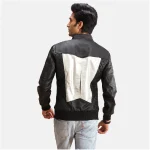 Men's Silver/Black Leather Bomber Zip-Up Jacket Back Side