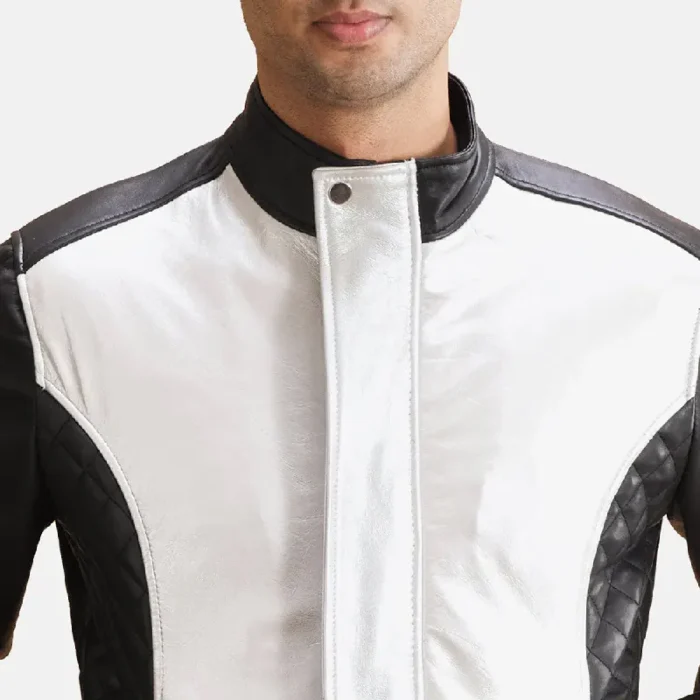 Men'S Silver/Black Leather Bomber Zip-Up Jacket Close View
