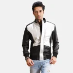 Silver/Black Real Leather Bomber Zip-Up Jacket