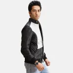 Men's Silver/Black Leather Bomber Zip-Up Jacket Side View