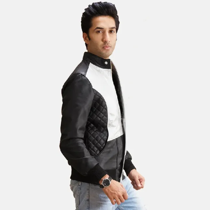 Men'S Silver/Black Leather Bomber Zip-Up Jacket Side View