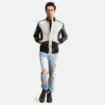 Men's Silver/Black Leather Bomber Zip-Up Jacket Wearing Look