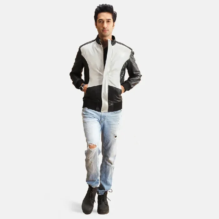 Men'S Silver/Black Leather Bomber Zip-Up Jacket Wearing Look