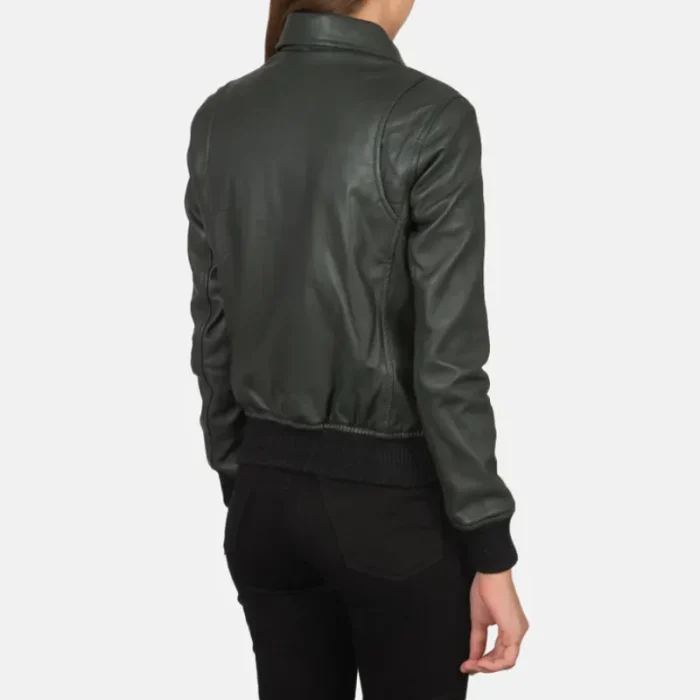 Women'S Green Leather Bomber Jacket Back