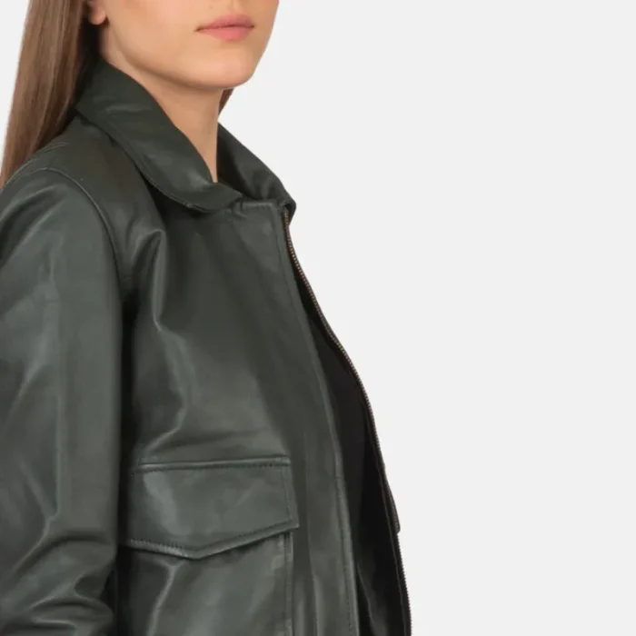 Women'S Green Leather Bomber Jacket Close Up