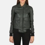 Women's Green Leather Bomber Jacket Front