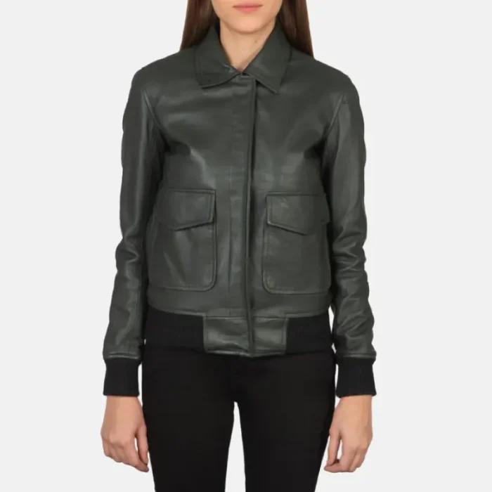 Women'S Green Leather Bomber Jacket Front
