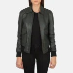 Women's Green Leather Bomber Jacket