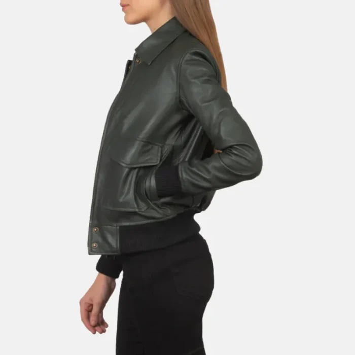 Women'S Green Leather Bomber Jacket Side