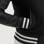 Women Black Hybrid Varsity Leather Jacket Close Up