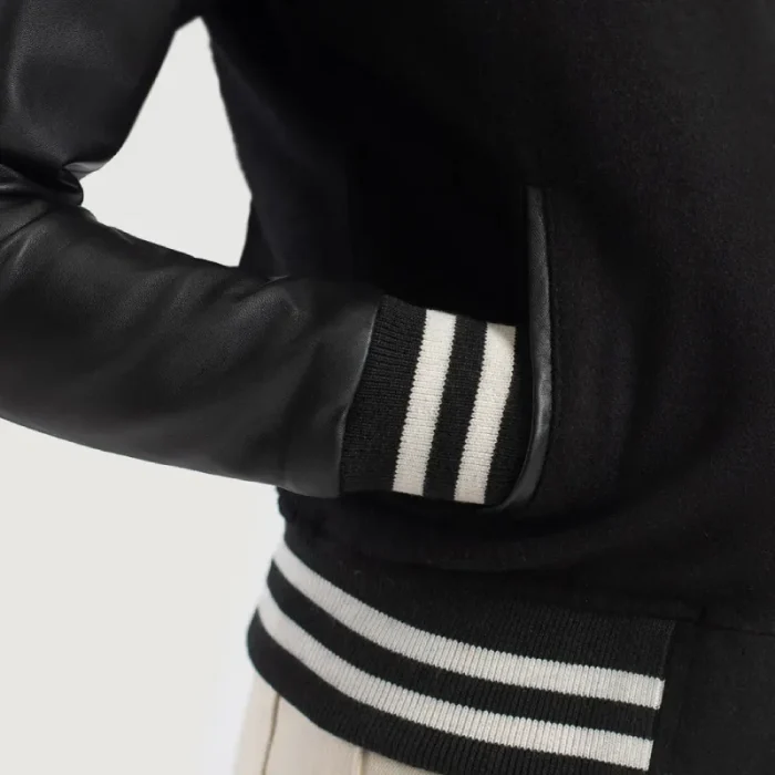 Women Black Hybrid Varsity Leather Jacket Close Up