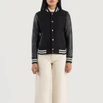 Women Black Hybrid Varsity Leather Jacket Front