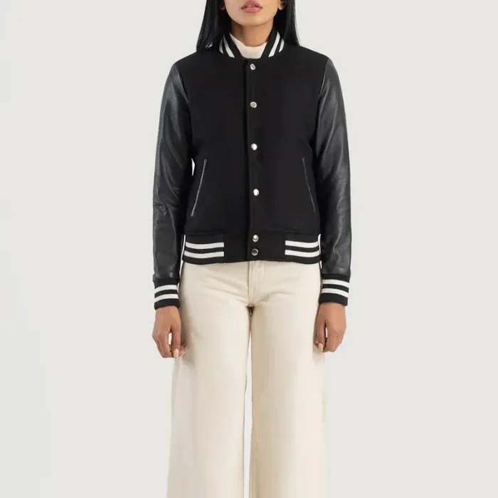 Women Black Hybrid Varsity Leather Jacket Front