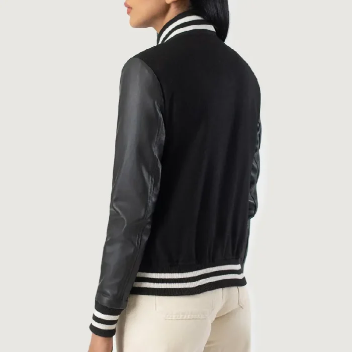 Women Black Hybrid Varsity Leather Jacket Back