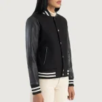 Women Black Hybrid Varsity Leather Jacket Side