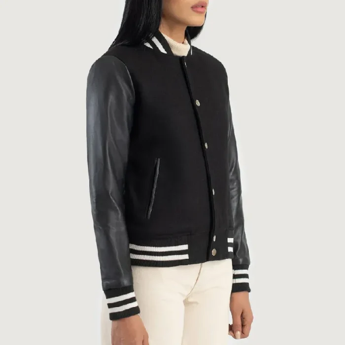 Women Black Hybrid Varsity Leather Jacket Side