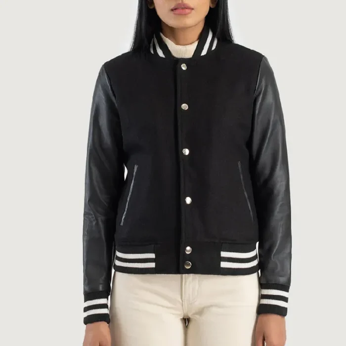 Women Black Hybrid Varsity Leather Jacket Snap Up