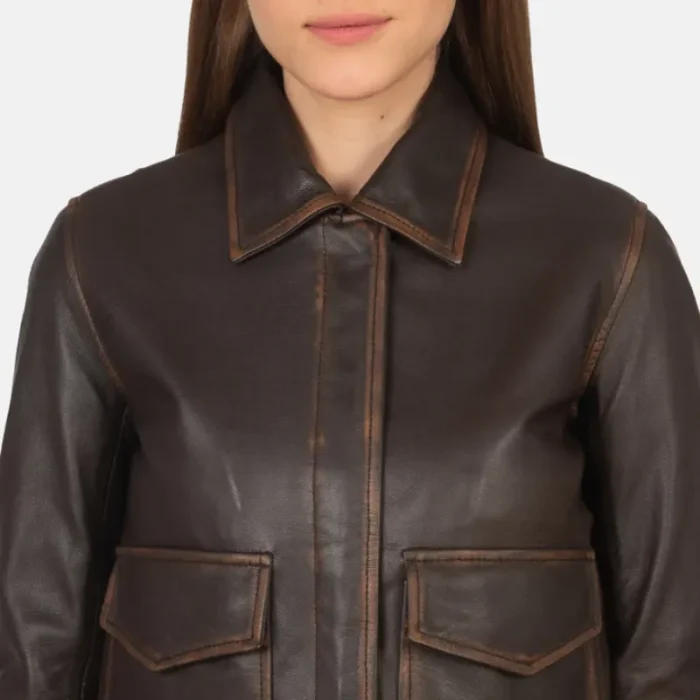 Women'S A-2 Brown Leather Zip-Up Bomber Jacket Close Up