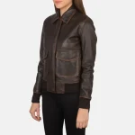 Women's A-2 Brown Leather Zip-Up Bomber Jacket Side