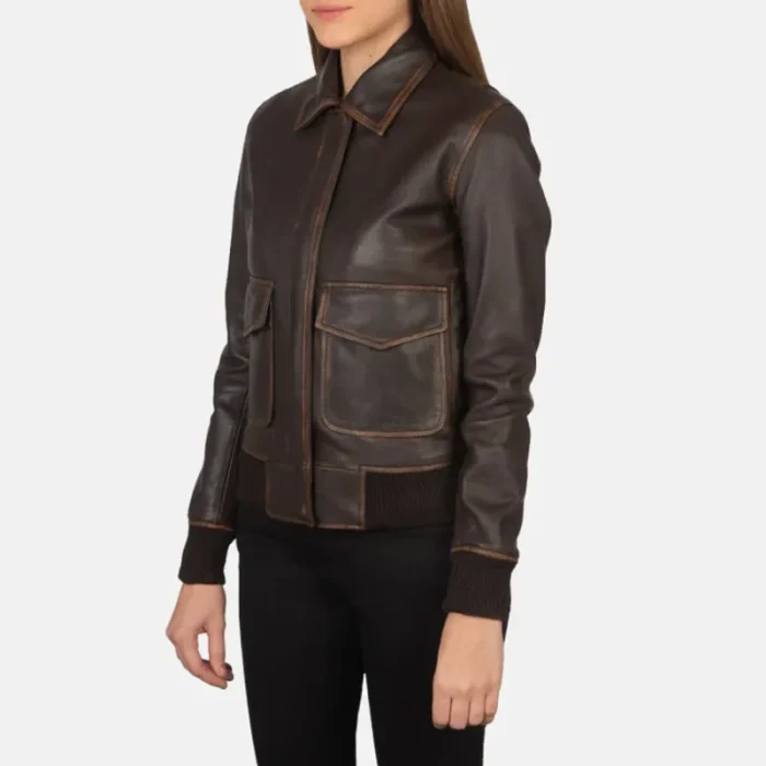 Women'S A-2 Brown Leather Zip-Up Bomber Jacket Side