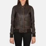 Women's A-2 Brown Leather Zip-Up Bomber Jacket Front Look