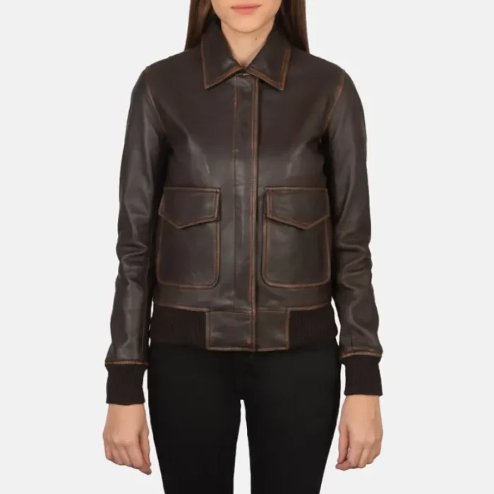 Women'S A-2 Brown Leather Zip-Up Bomber Jacket Front Look