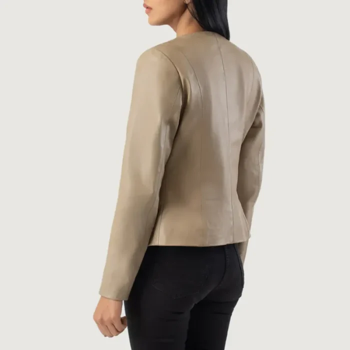 Women'S Beige Collarless Sheepskin Leather Jacket Back