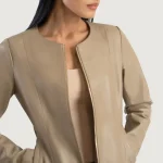 Women's Beige Collarless Sheepskin Leather Jacket Close Up