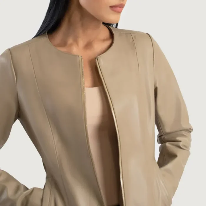 Women'S Beige Collarless Sheepskin Leather Jacket Close Up