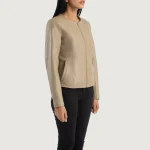 Women's Beige Collarless Sheepskin Leather Jacket Side