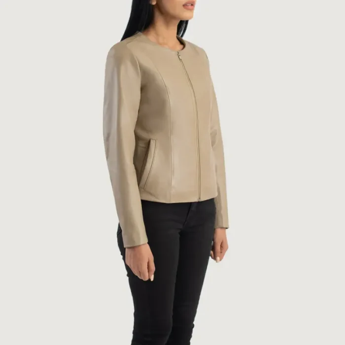 Women'S Beige Collarless Sheepskin Leather Jacket Side