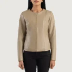 Women's Beige Collarless Sheepskin Leather Jacket Zip-Up