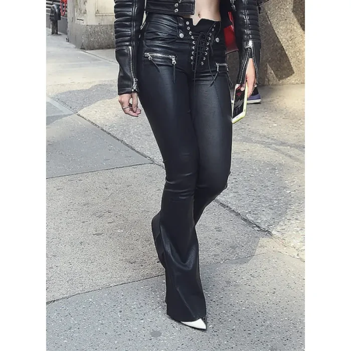 Women'S Black Bella Thorne Leather Pants Close View